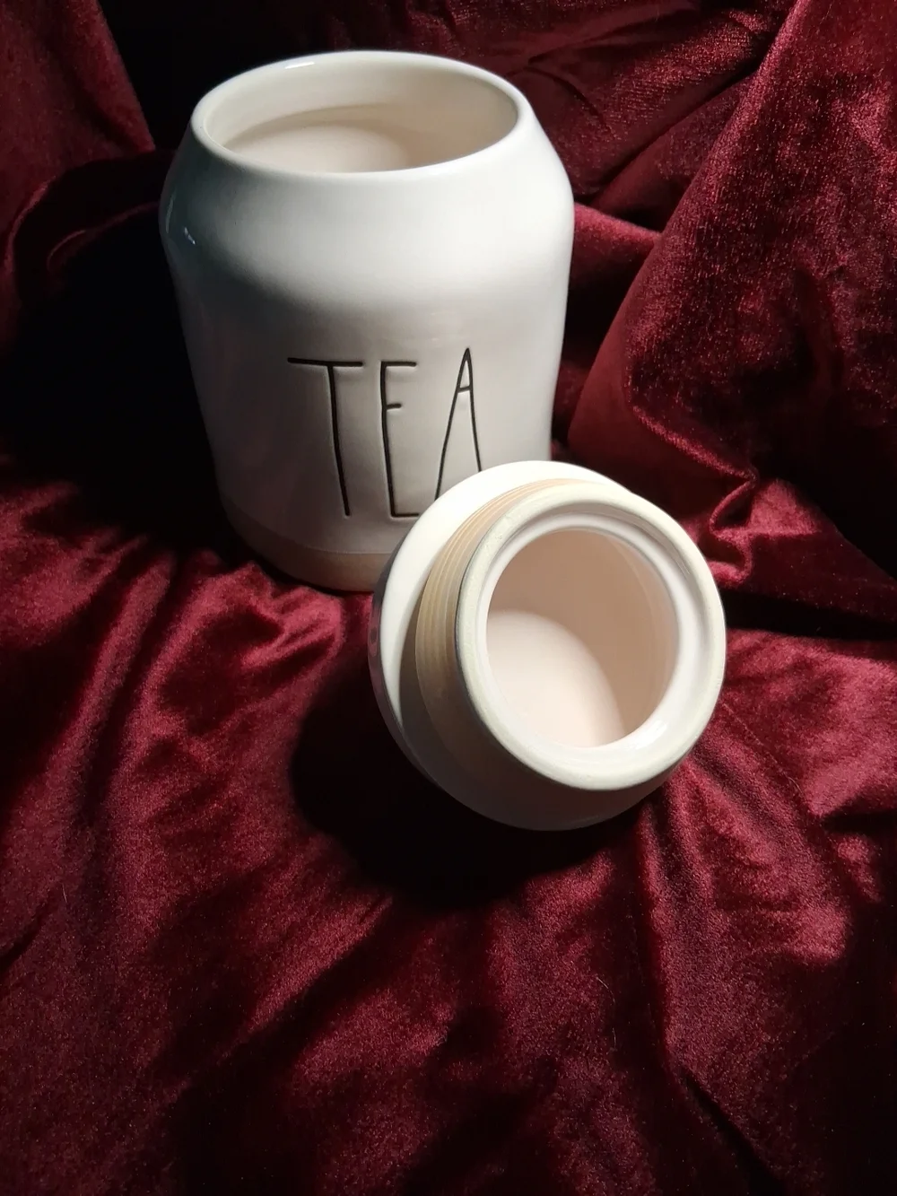 Rae Dunn White Ceramic TEA Canister with Cream Band